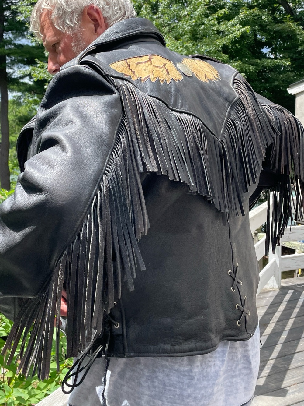 Vintage Interstate Leather Fringe Jacket 46 Large Heavy Eagle Wings Made in USA